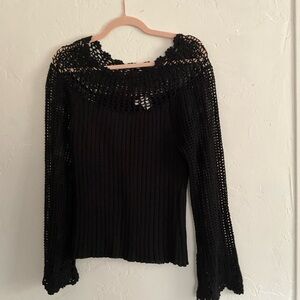 Newport News Black Crochet Knit Bell Sleeve Sweater L